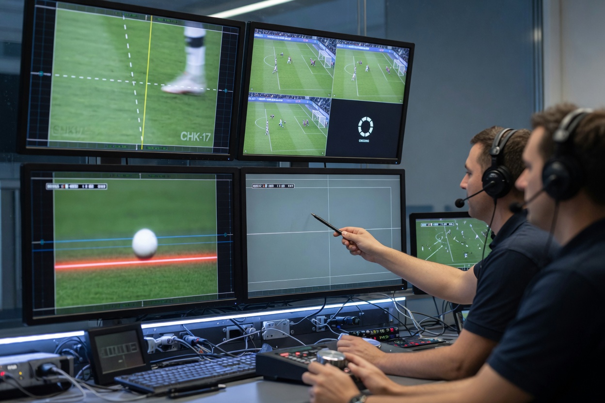 Over-the-shoulder photo of two headset-wearing VAR officials in Cologne analyzing multiple screens showing offside