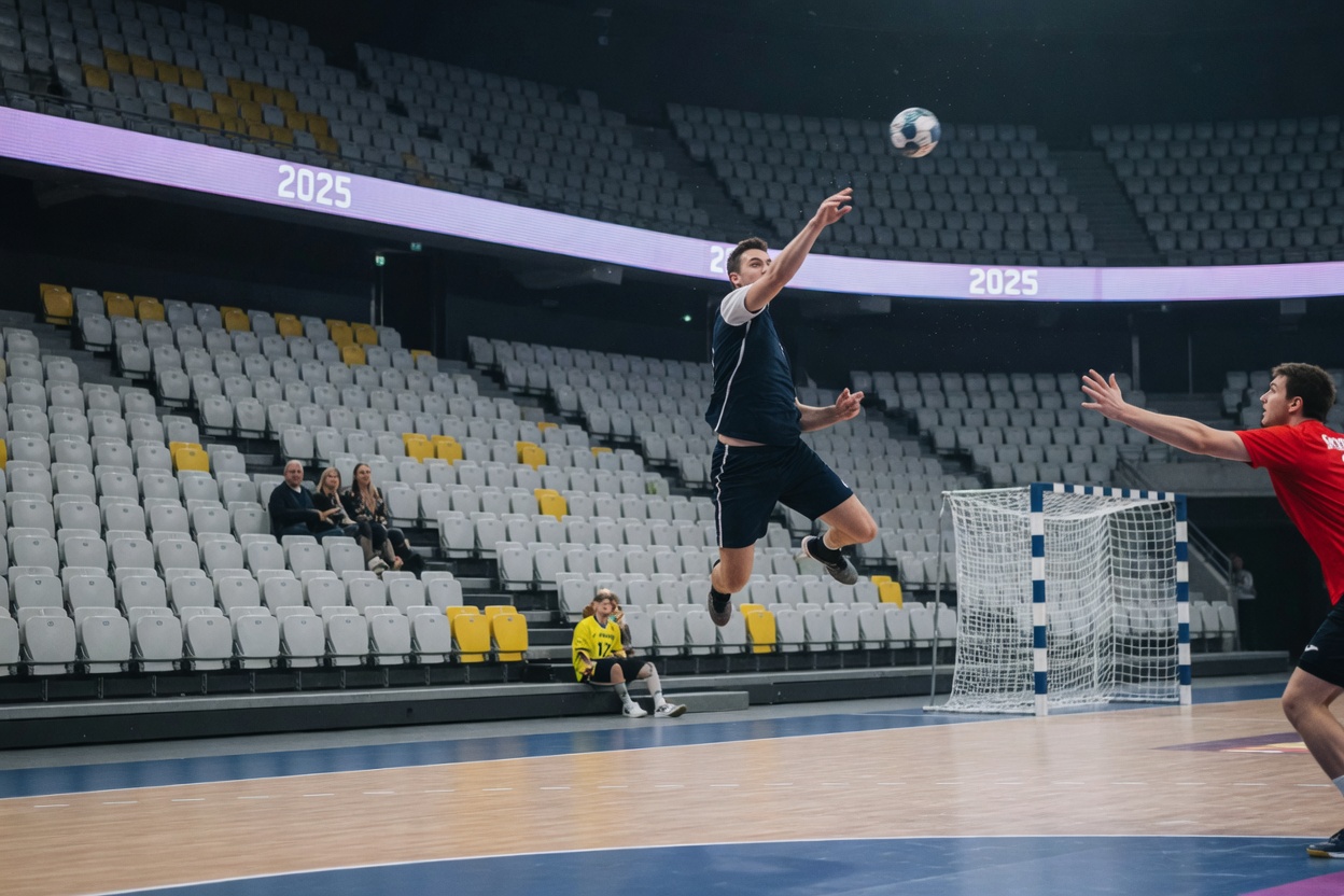 Editorial photo of a 2025 international handball match: intense jump shot in the foreground,