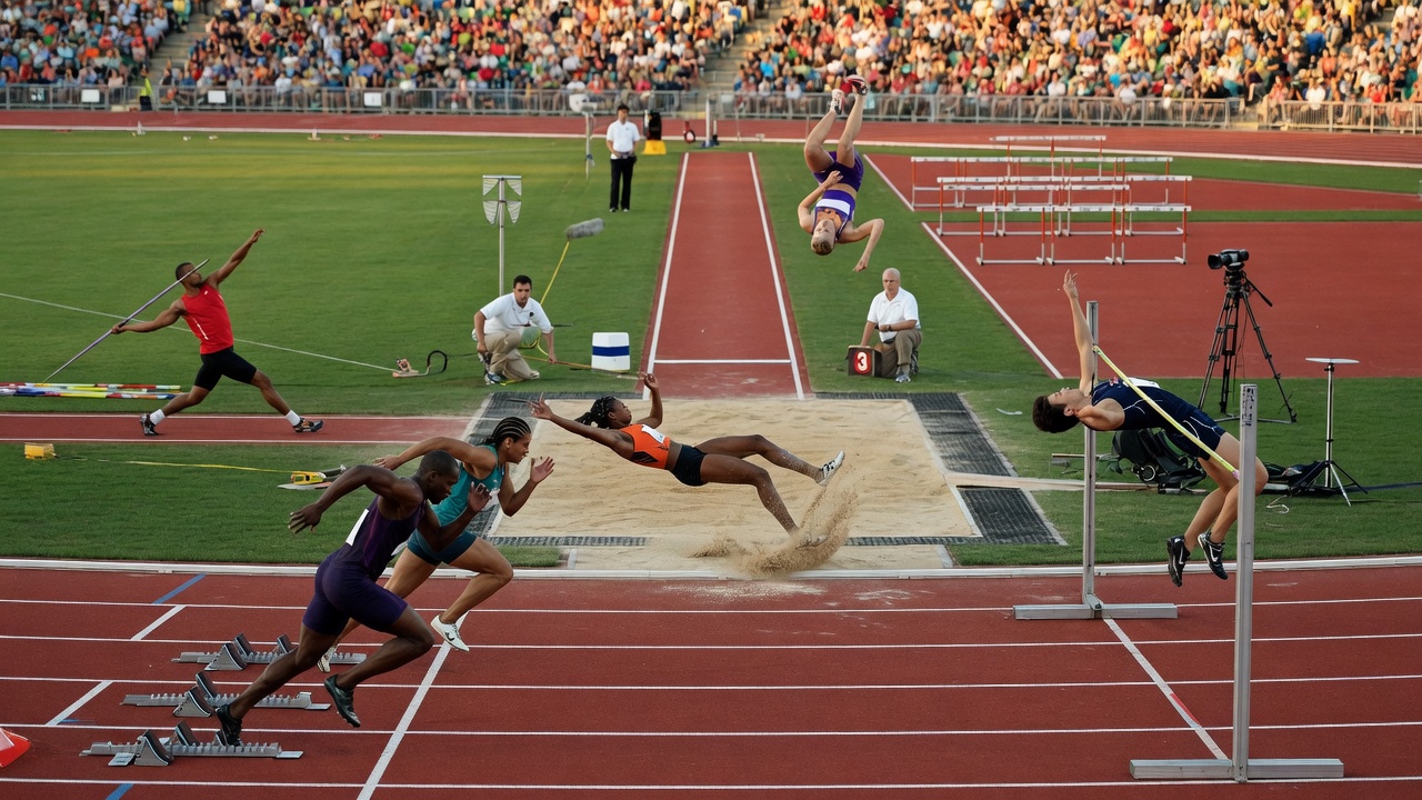 Panoramic photo of a major track-and-field meet showing a 100m sprint start in the