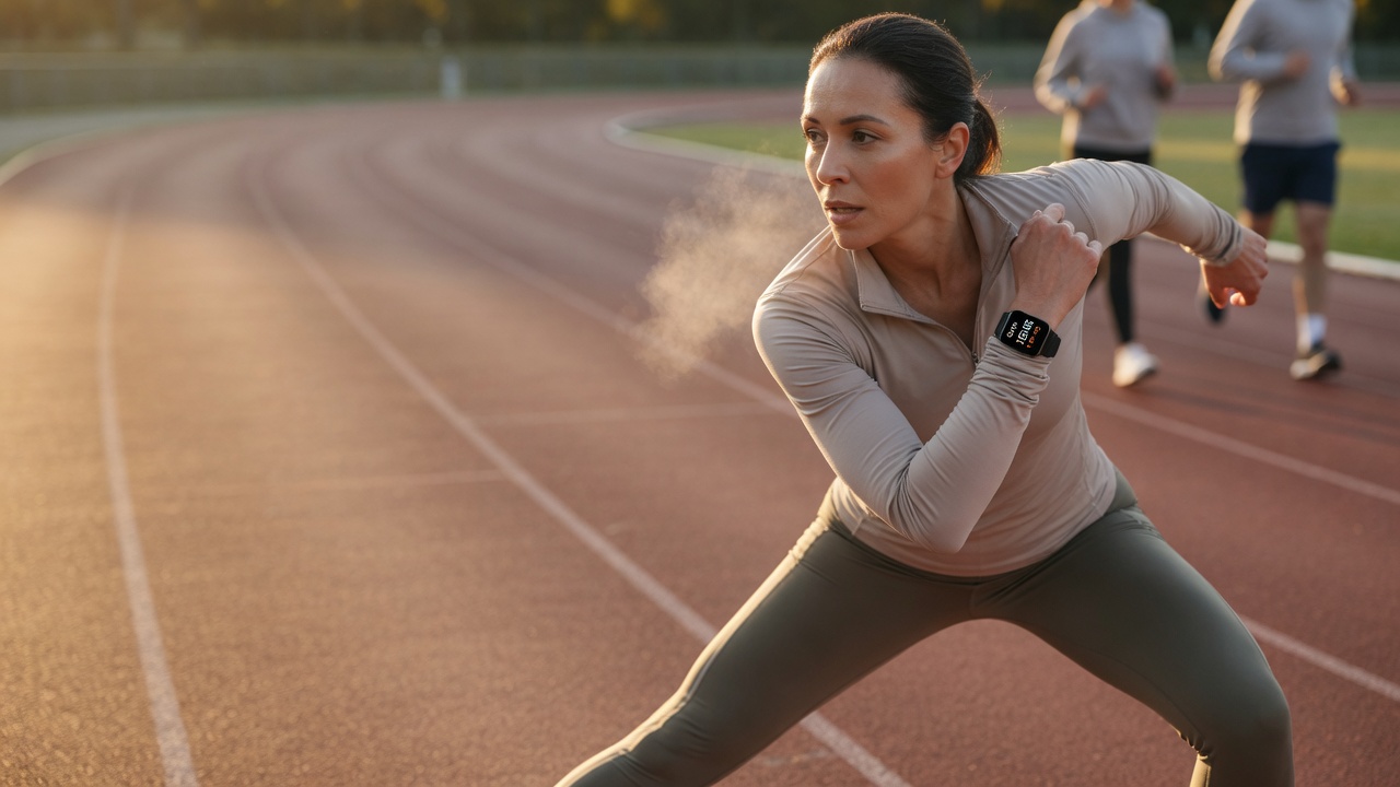 Woman warming up before a run at sunrise, doing a dynamic lunge with rotation