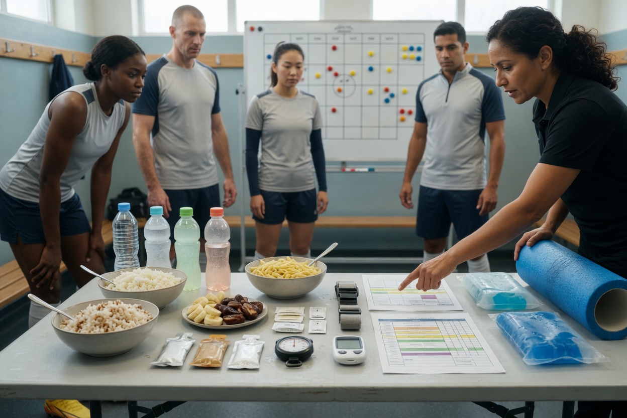 Locker-room nutrition and strategy scene: a tidy table of glycogen-rich foods, hydration, and timing