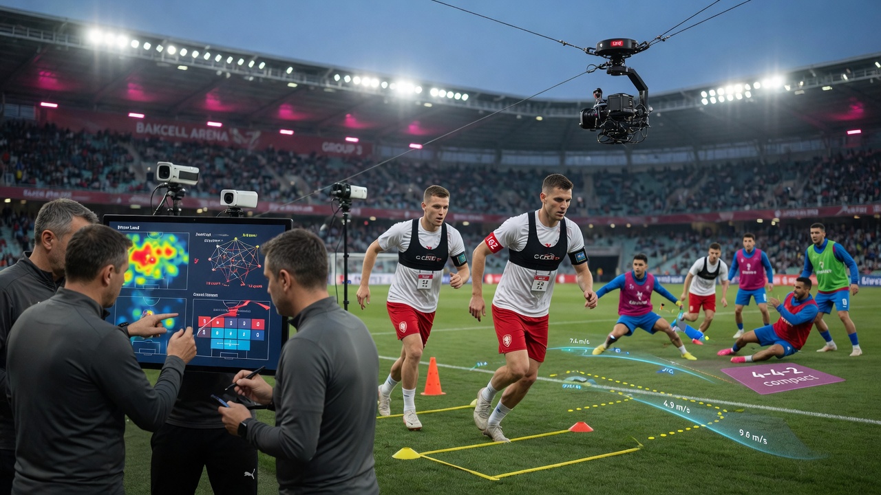 Overhead wide photographic shot inside Bakcell Arena, Baku at dusk, showcasing both teams warming