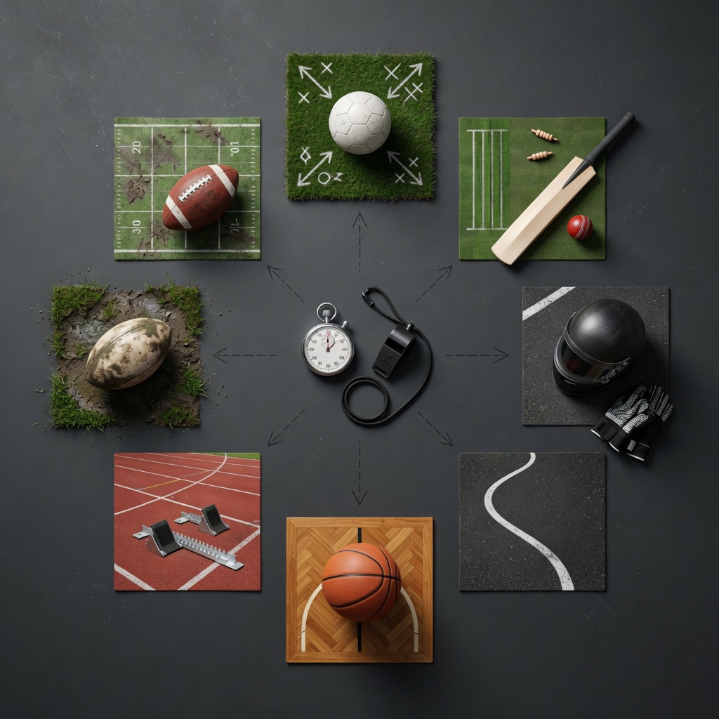 Overhead editorial photo on a dark graphite surface showing eight neatly arranged sports vignettes—soccer