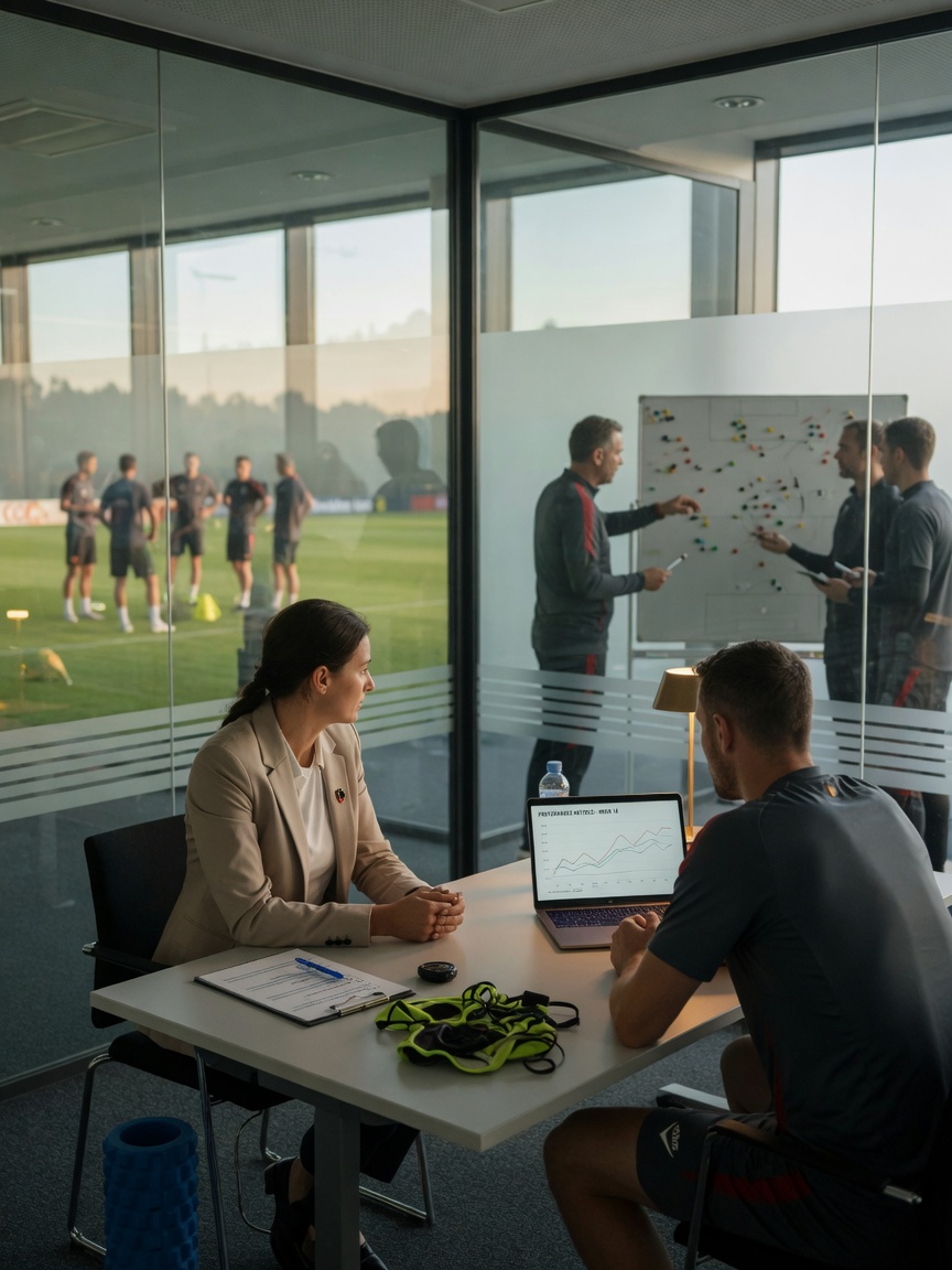 A sports psychologist meets privately with a pro footballer in a glass room at