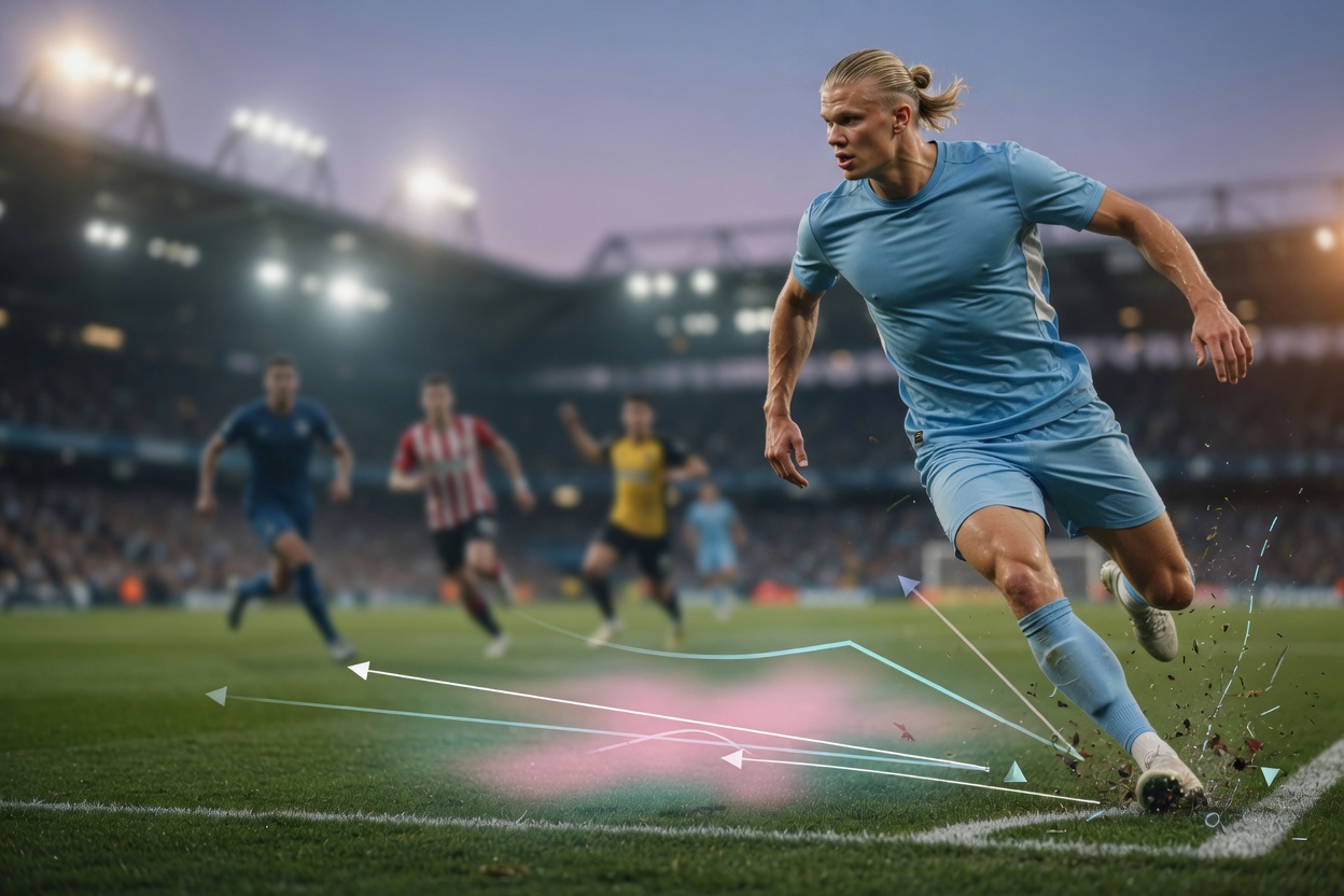 Erling Haaland sprinting to shoot in a light-blue kit at a floodlit English stadium,
