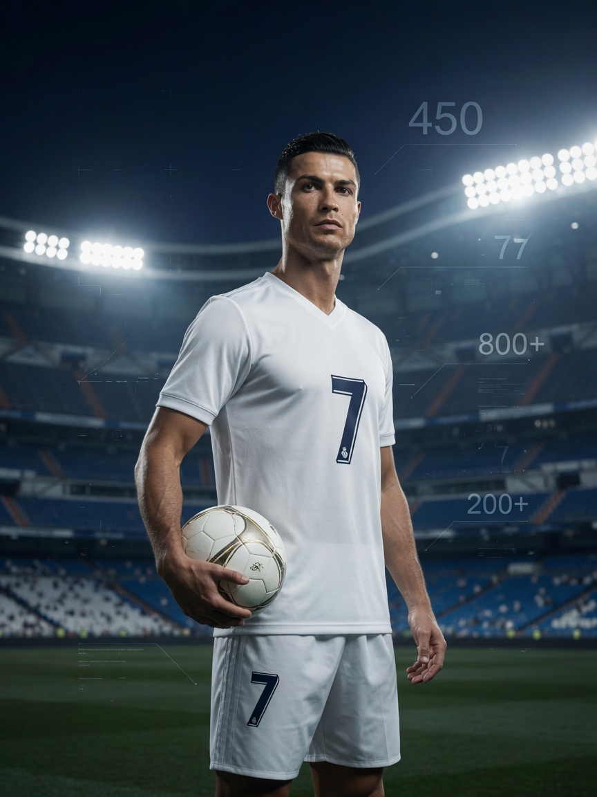 Alternative photographic concept for the site: Ronaldo in action mid-stride in an all-white number