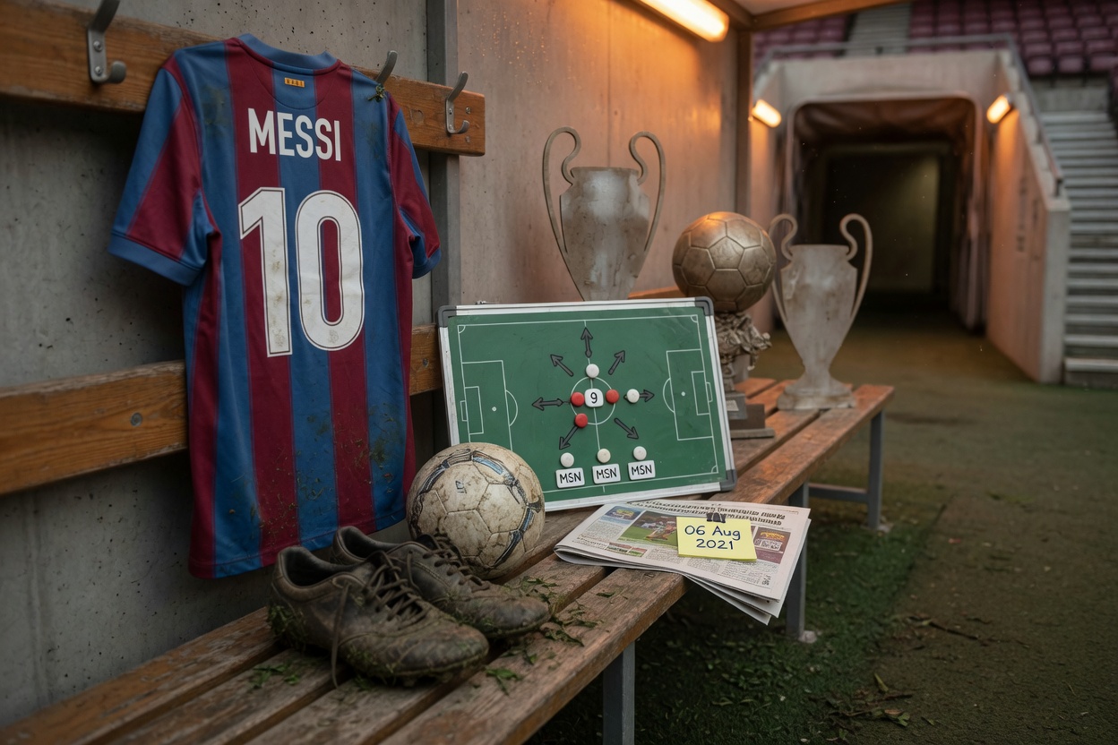 Max file size: 1.5mb! Overhead flat-lay, photographic still-life timeline on a locker-room table: claret-and-blue