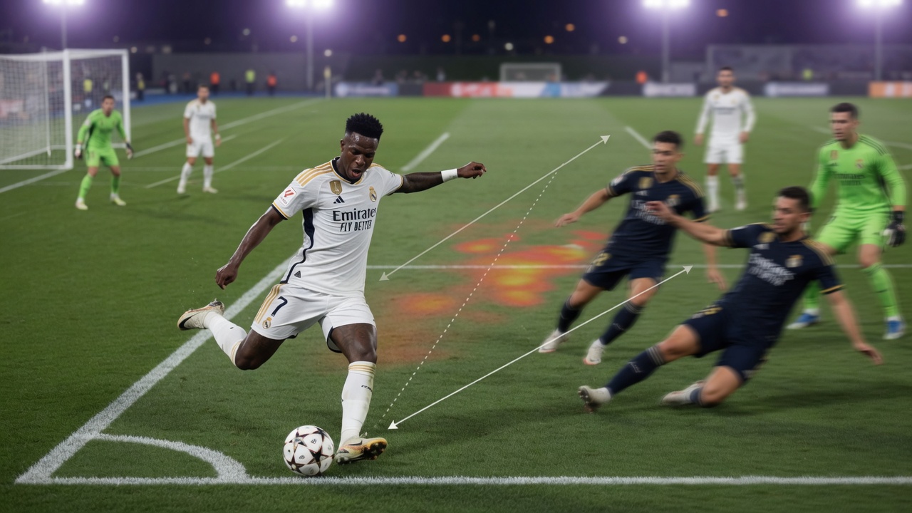 Wide, high-gantry broadcast-style photographic shot capturing the instant Vinícius Júnior strikes from inside the