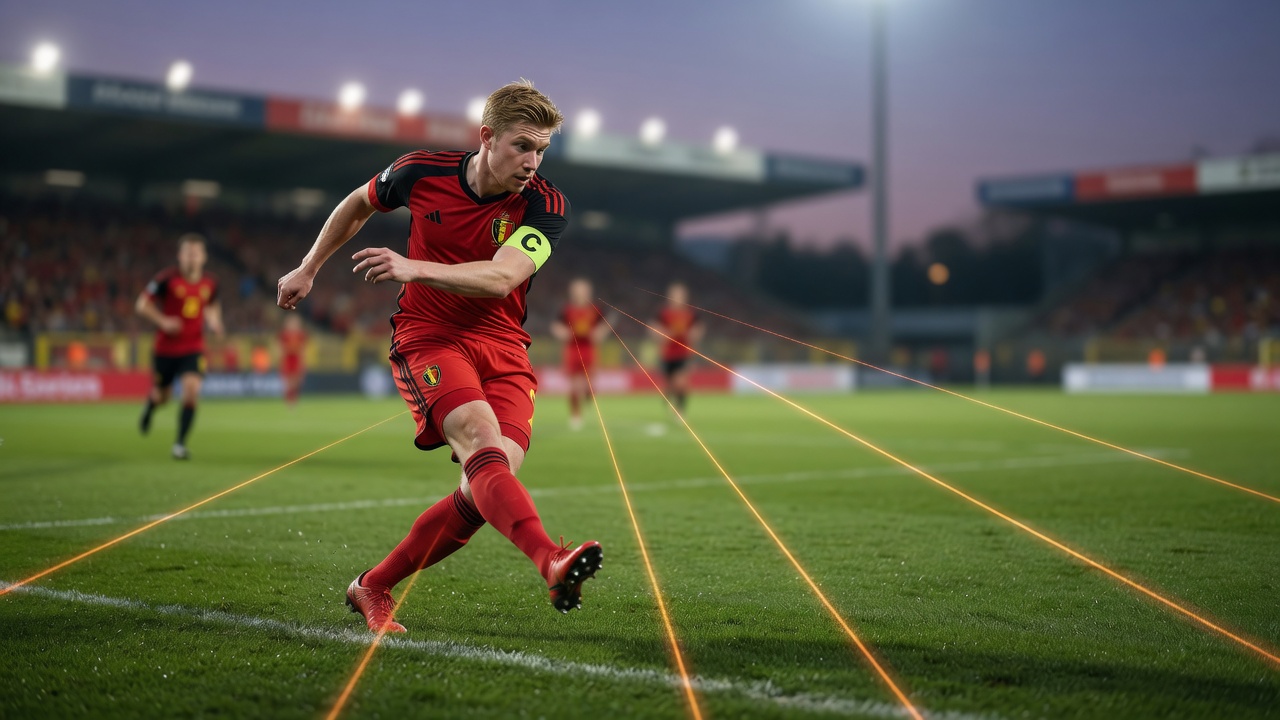 Kevin De Bruyne im roten Belgien-Trikot, scharf im Vordergrund beim Ansetzen zum Pass; dezente