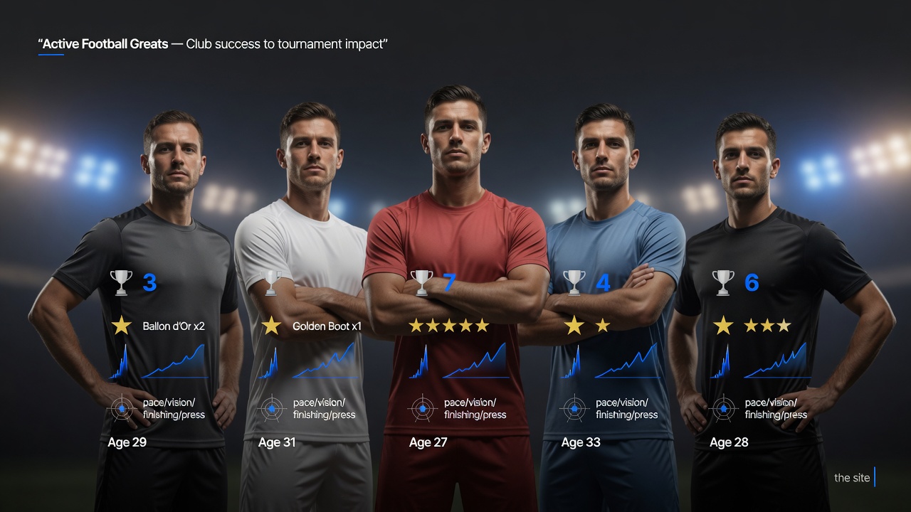 Dramatic studio photo of five anonymous footballers in plain kits with subtle data overlays