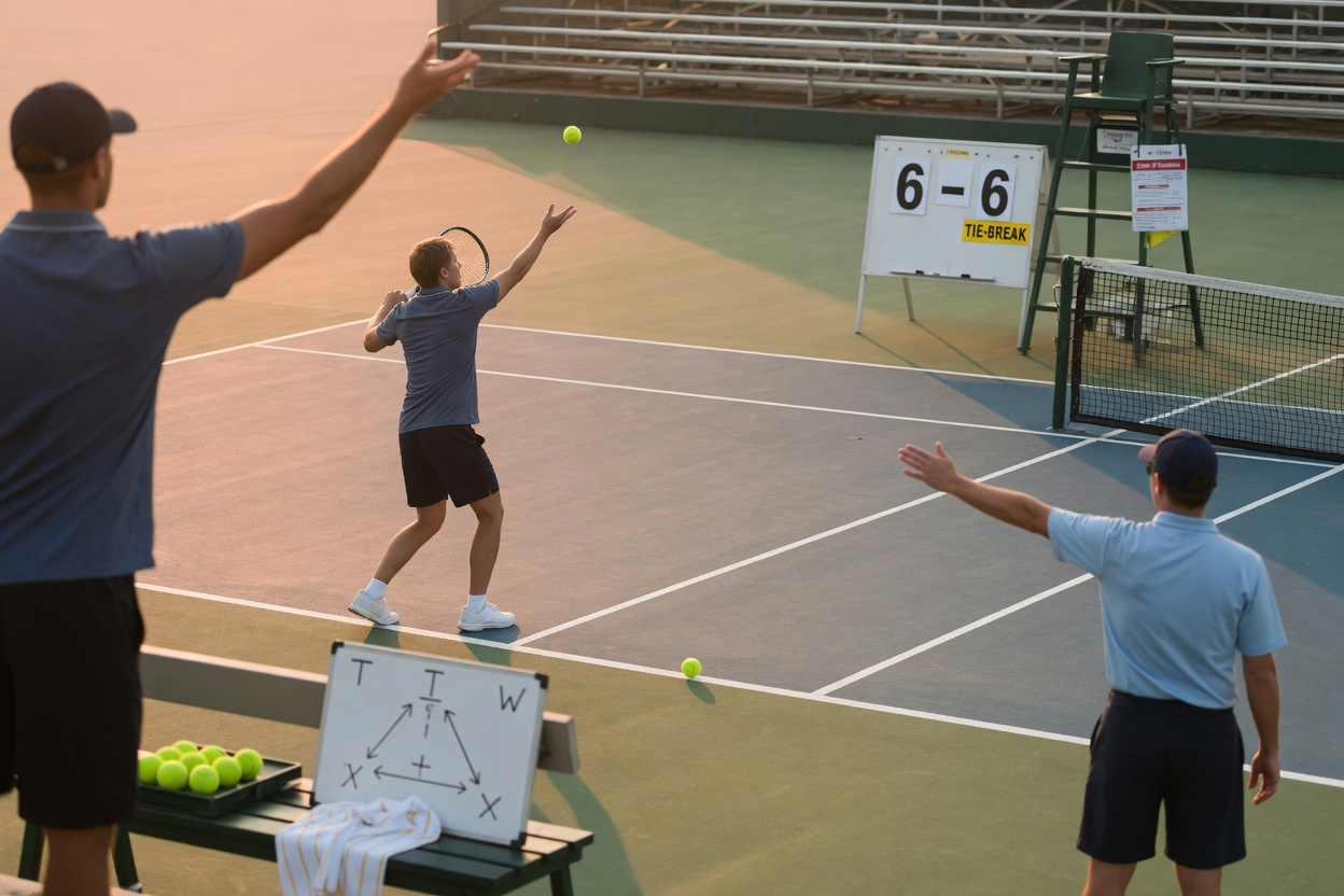 Clean tennis scene: server at baseline mid-toss, line judge signaling out, net and service