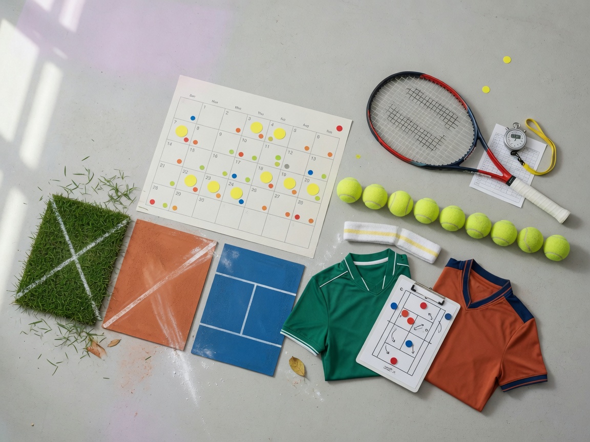 Overhead flat-lay photo showing tennis surfaces (grass, clay, hardcourt), a minimal calendar with colored