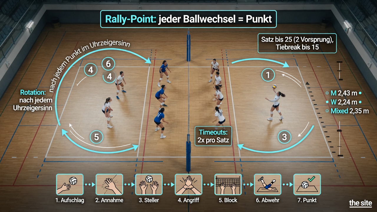 Fotografische Draufsicht auf ein Hallenvolleyballspiel mit dezenten deutschsprachigen Overlays zu Regeln: Positionsnumme