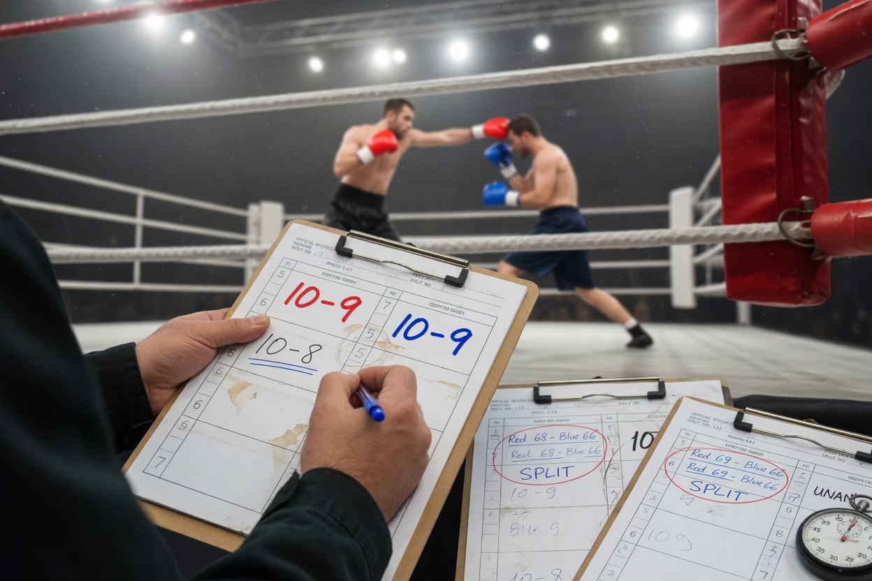 Max file size: 1.5mb! Photographic overhead flat-lay at a judges’ table: three official boxing