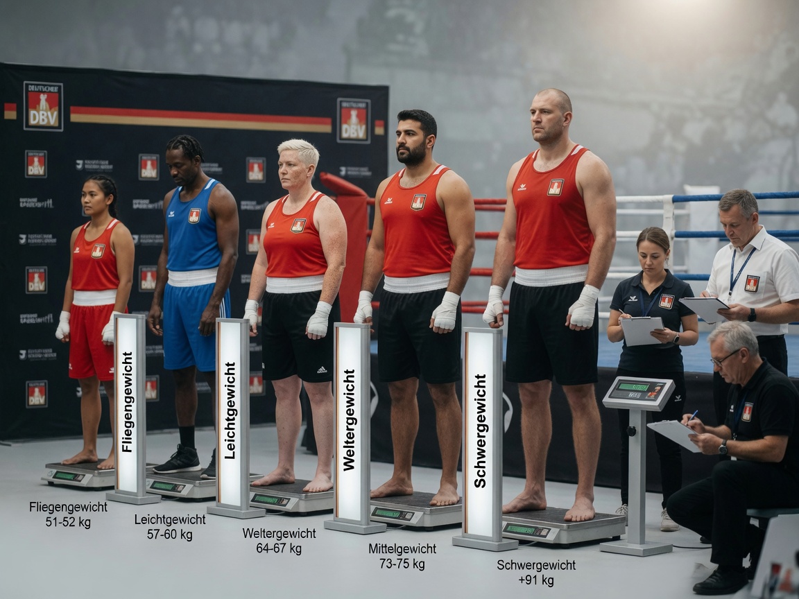 Lineup of German boxing athletes at a championship weigh-in showing major weight classes, with