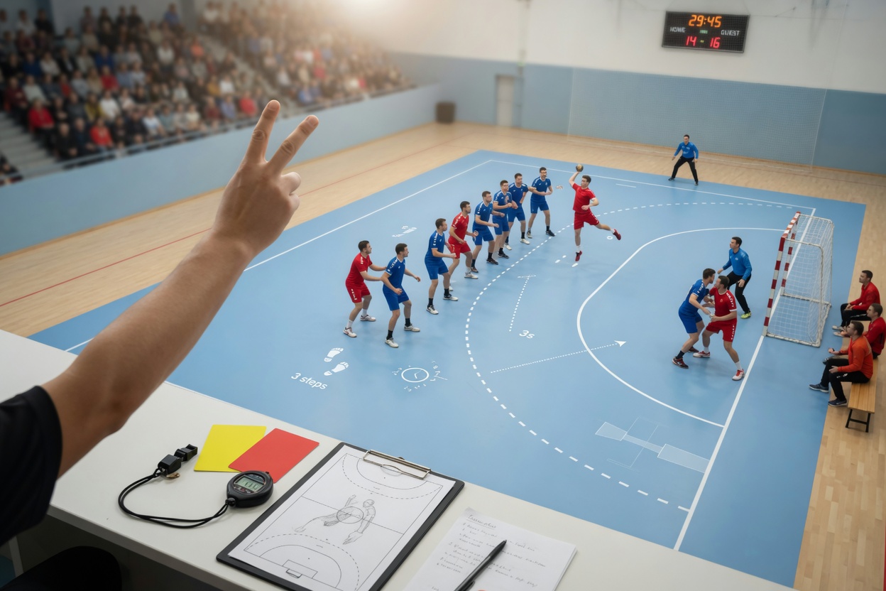 Courtside photo of an indoor handball match illustrating key rules: referee shows two-minute suspension,