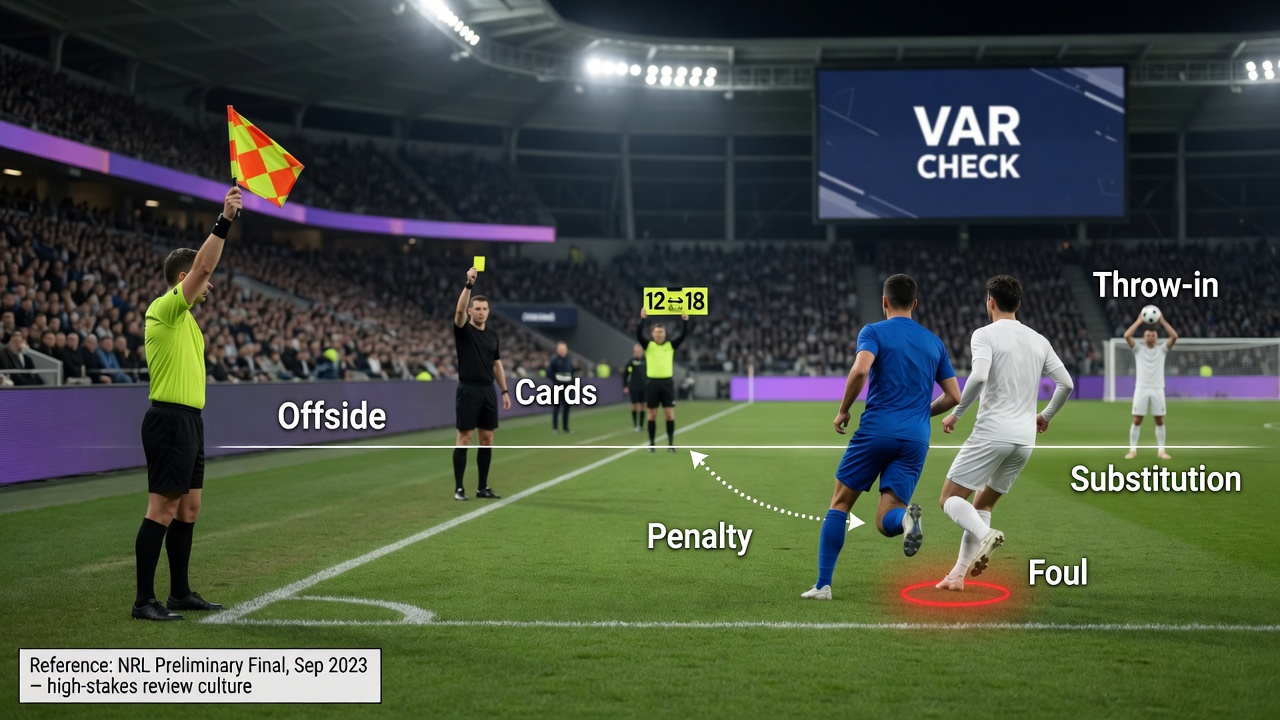 Photorealistic night-time soccer match scene with clean white annotations explaining offside, foul, cards, penalty,